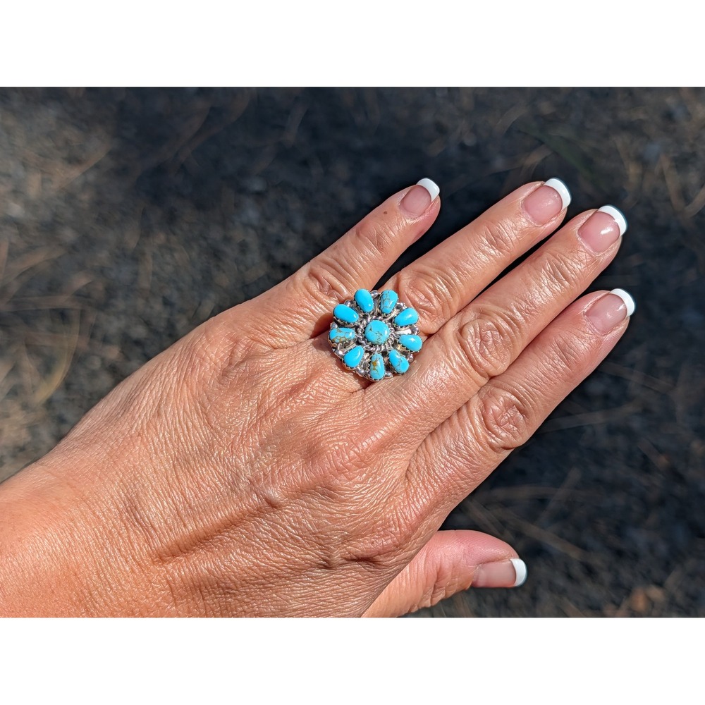 Navajo Turquoise Cluster Ring - Signed Jason Benally Sz 8US